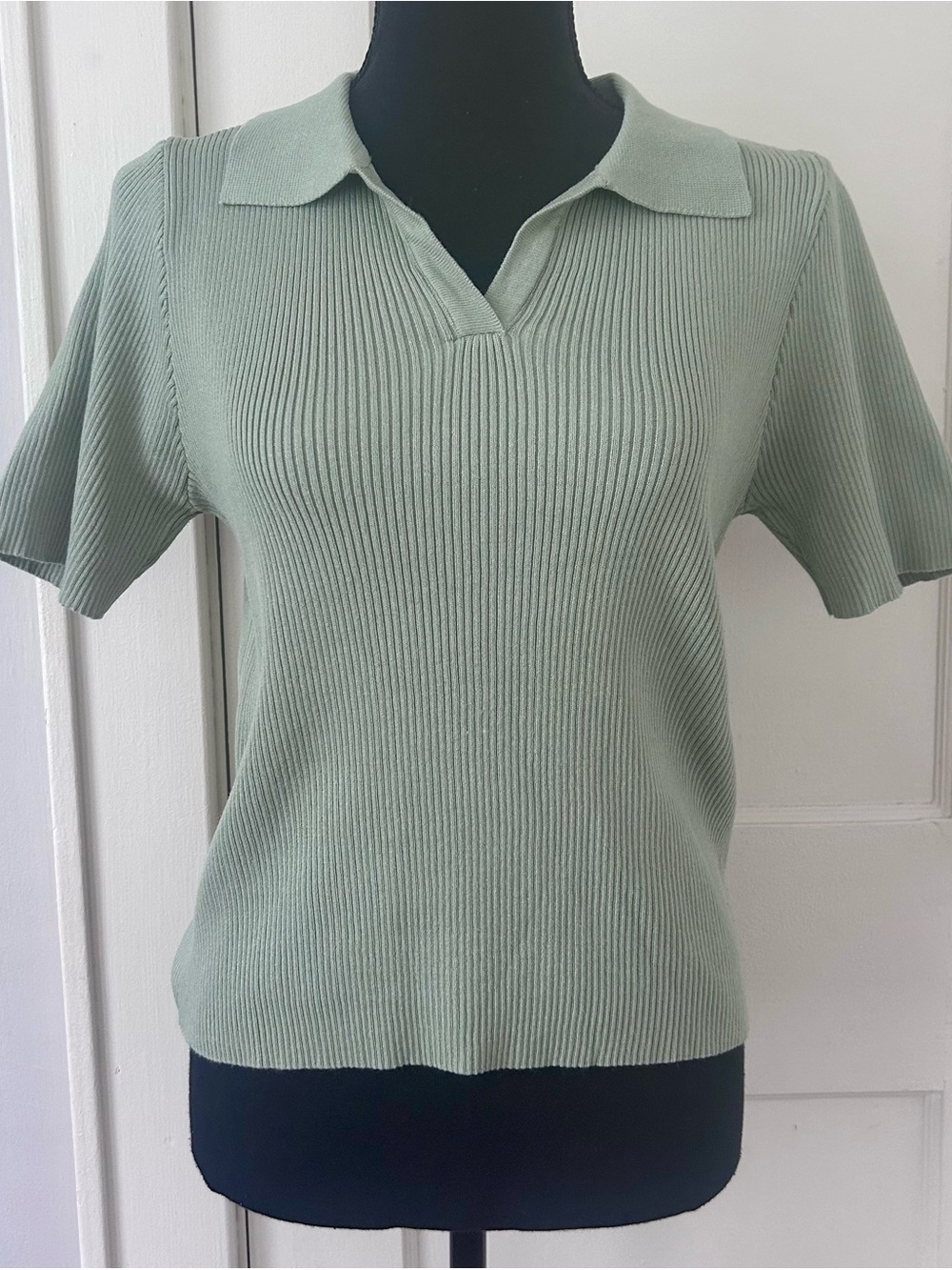 Light Sage Green Ribbed Polo Knit Top